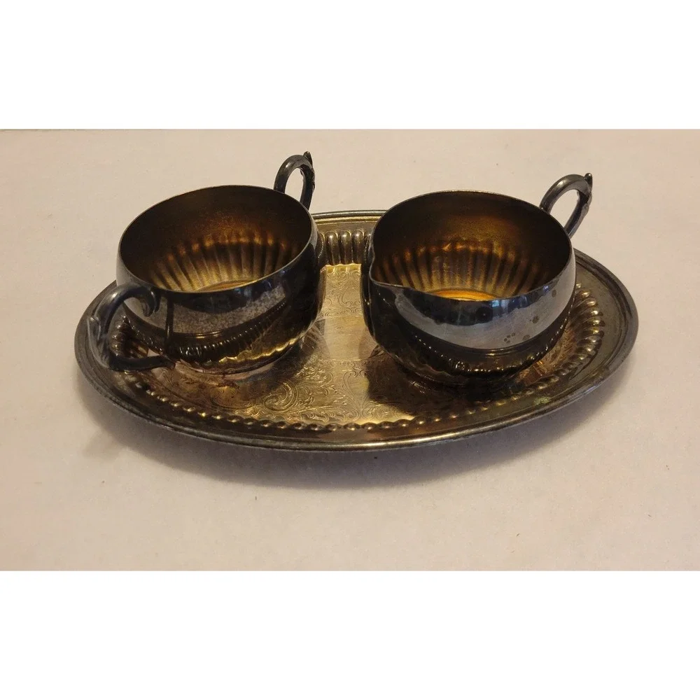 Vtg Oneida‎ Creamer Sugar Tray Set Silver Regency Tea Service MCM Tarnished